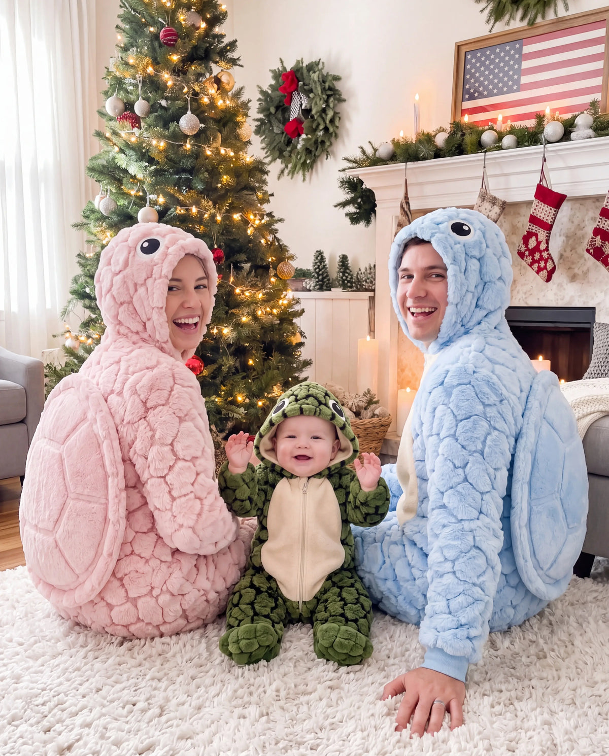 Family wearing matching turtle onesies